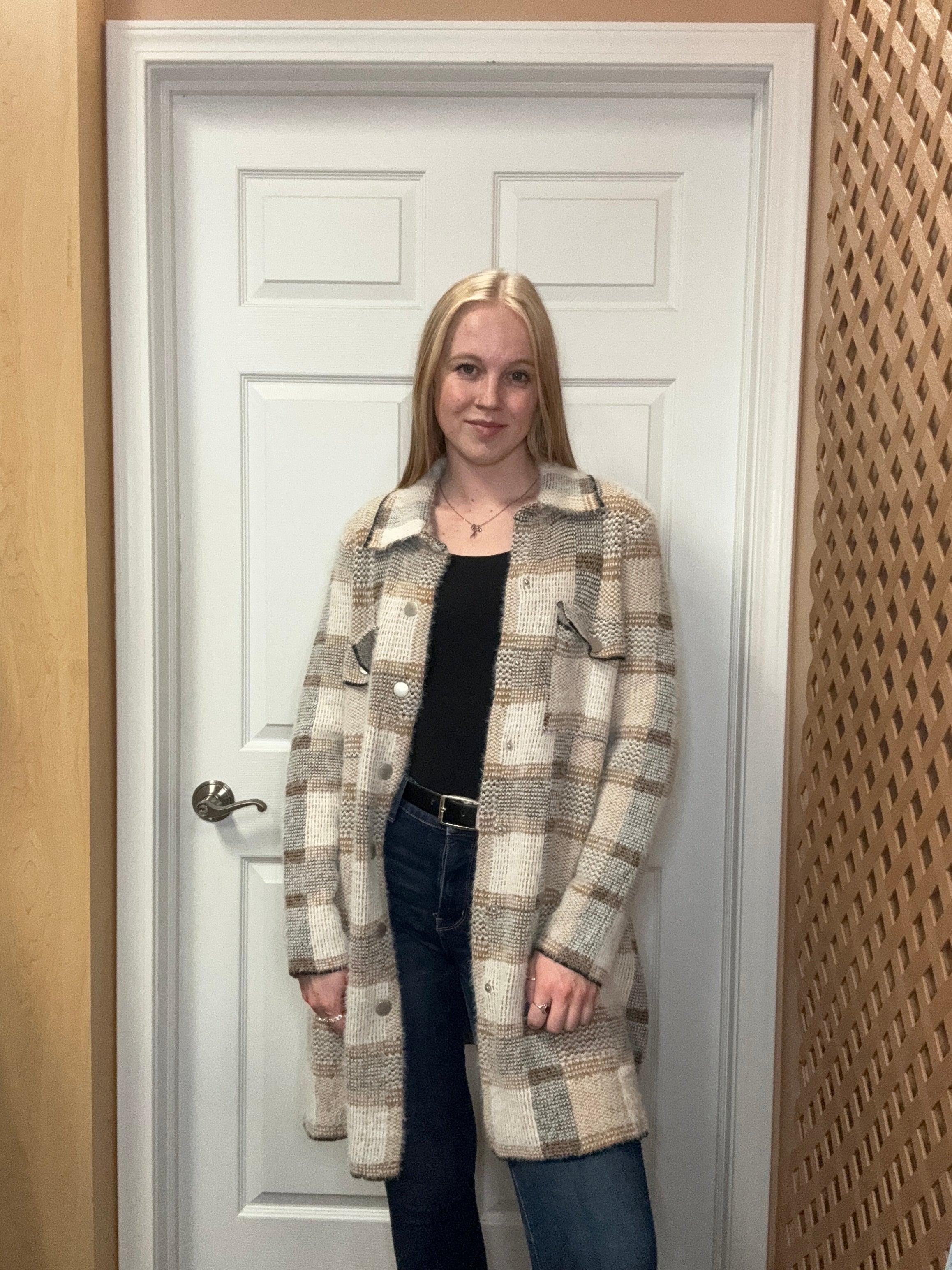 Beige Plaid Long Sweater