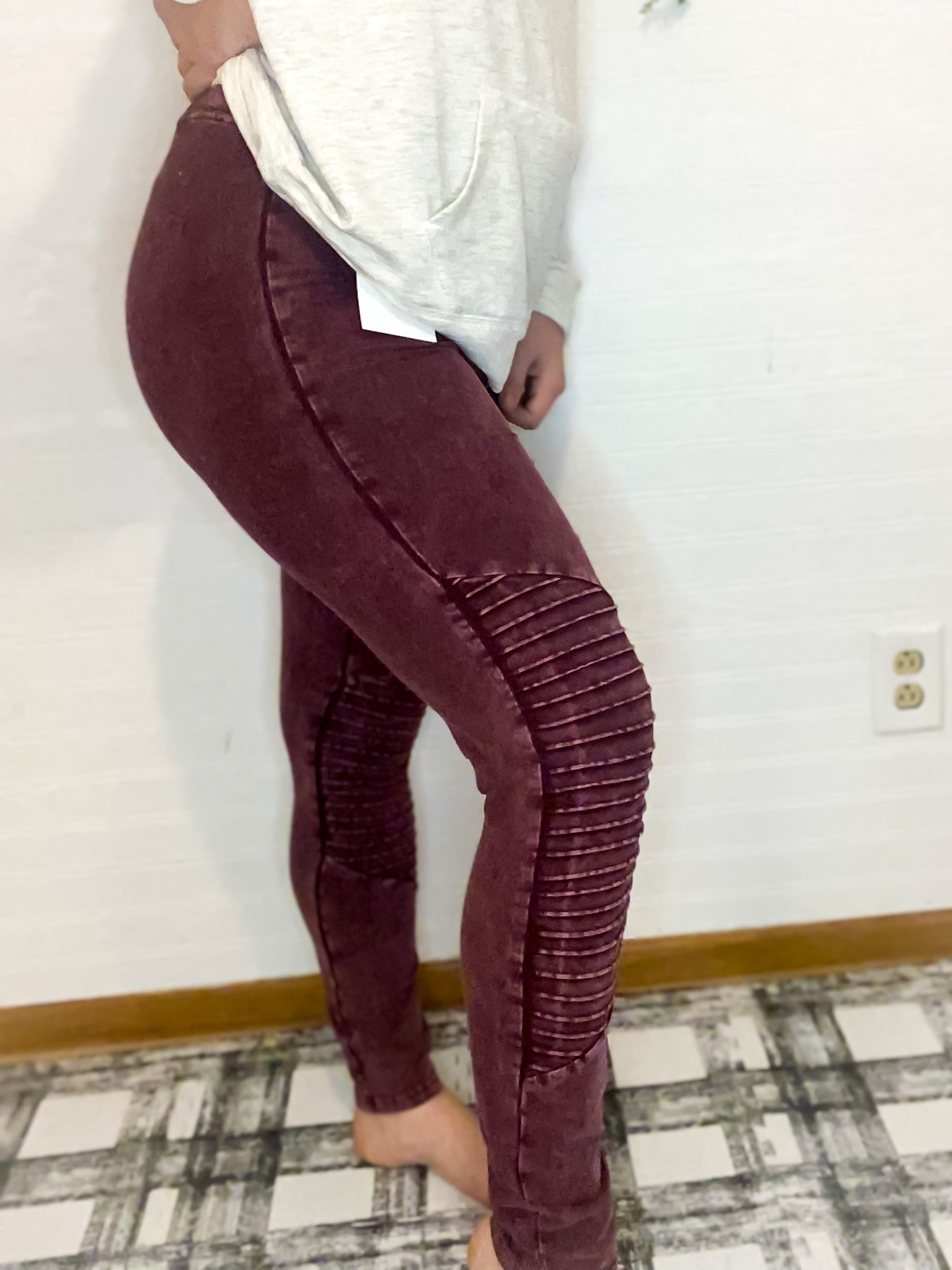 Distressed Burgundy Moto Leggings - Side View