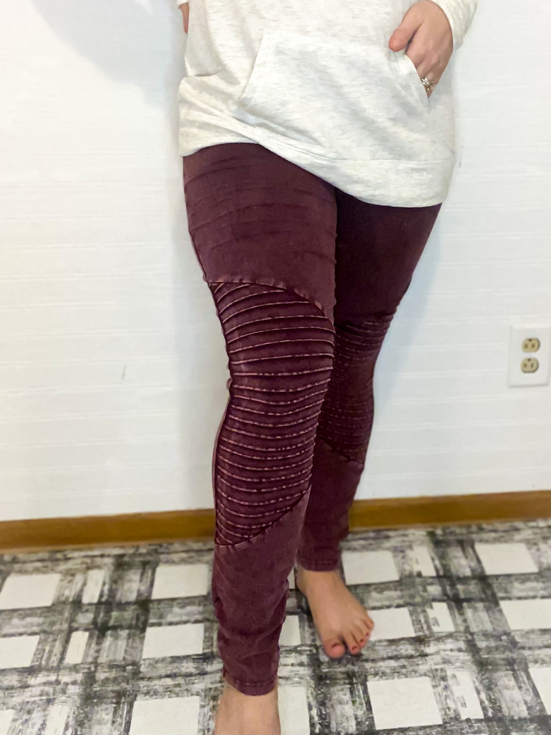 Distressed Burgundy Moto Leggings - Front View